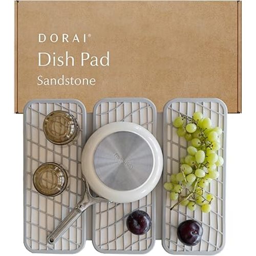Dorai Home Dish Pad – Quick-Dry Diatomite Stone Drying Mat for Kitchen Counter, 19.9" x 15.2" x 0.52", Sandstone