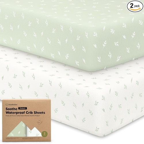 2-Pack Waterproof Crib Sheets for Boys, Girls - 52x28 Fitted Organic Cotton Baby Crib Sheets, Toddler Mattress Protector Cover, Washable, Soft & Durable Baby Bedding Essentials (Herb)