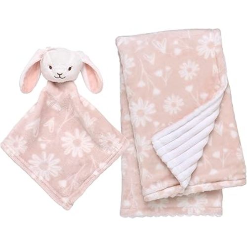 2-Piece Cuddle Plush Toy and Baby Blanket Gift Set, Bunny with Floral Print and Ribbed Texture, Reversible (Mauve Pink, 30 inch x 34 inch)