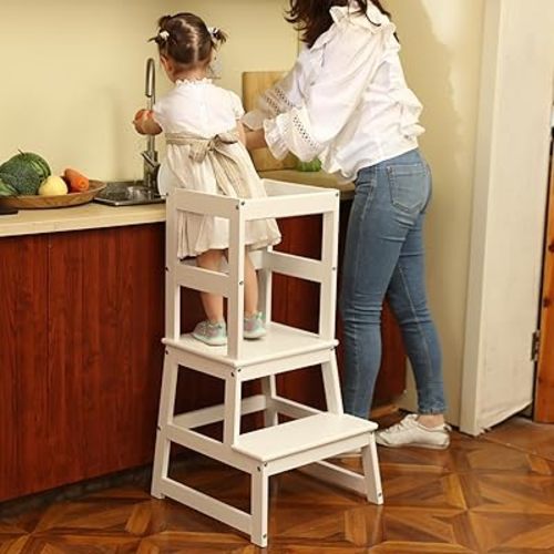 Kitchen Step Stool for Kids with Safety Rail,Toddler Standing Tower for Kitchen Counter, Baby Montessori Stool,Solid Wood Construction,White