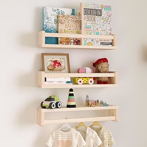Nursery Floating Shelves, Wood Nursery Book Shelves for Wall, 16 inch Wall Bookshelf for Kids Solid Wood Wall Mounted Shelves for Books,Toys and Decor Storage, Set of 3