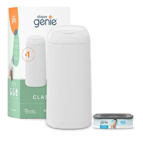 Diaper Genie Classic Pail Includes 1 Starter Square Refill That can Hold up to 165 Newborn-Sized Diapers.