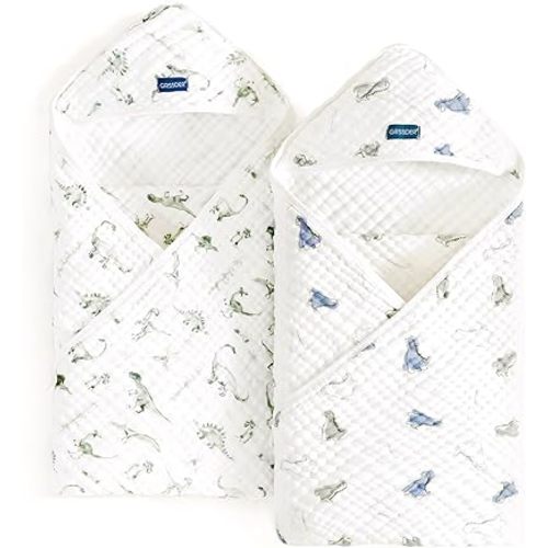 GRSSDER Ultra Soft Absorbent Muslin Cotton Baby Hooded Towel 2 Pack with Original Patterns, Extra Large Size 35"x 35" Swaddle Wrap for Newborn Infant and Toddler