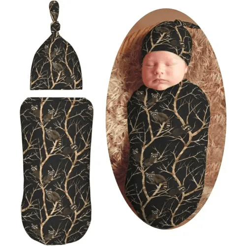 Cute Raccoons On The Branches Newborn Swaddle Blankets Hat Sets Soft Baby Receiving Blanket Swaddle Sack for Baby Shower Infant Boy Girl Gift