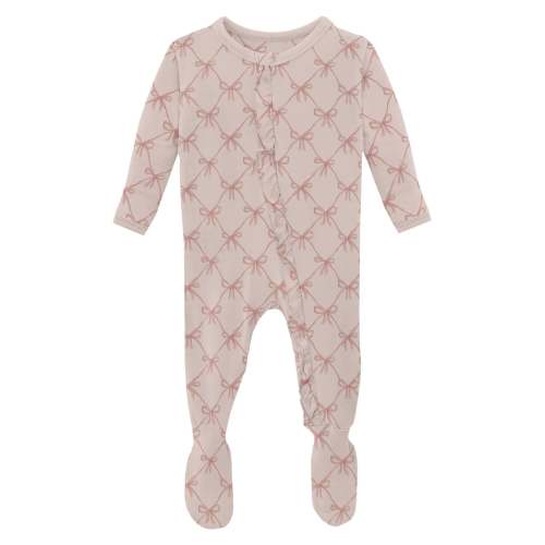 Print Layette Ruffle Footie with 2 Way Zipper in Shrinking Violet Bow Lattice