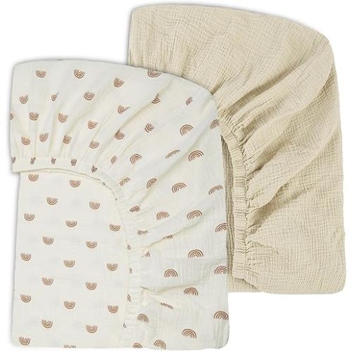 Ultra Soft Muslin Crib Sheets for Baby, Premium Breathable Organic Cotton Crib Fitted Sheet for 52’’x28’’Standard Crib and Toddler Mattress,2 Pack Beige&Rainbow