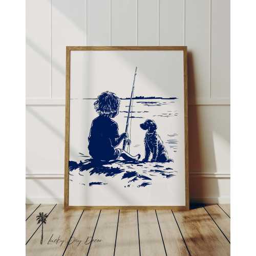 Boykin Spaniel Watches Boy Fish | Coastal Dog Sketch Art | Summer Nursery Print | Beach Wall Decor | Cottage Home Art | Download & Printable