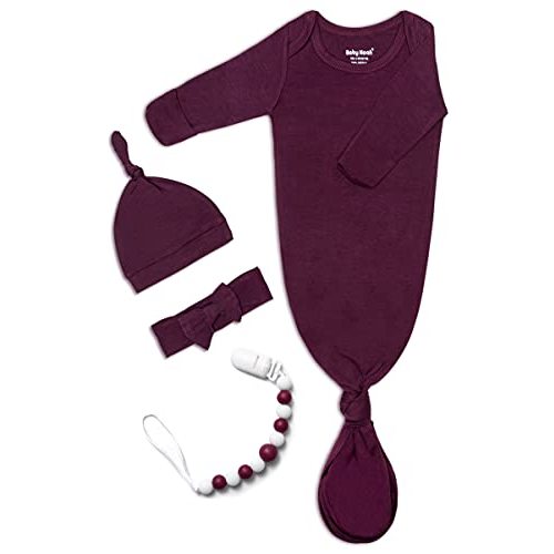 Newborn Baby Knotted Gown, Super Soft Silky Infant Long Sleeve Sleeper with Mittens and Hat & Bowknot Set (Extra Long)
