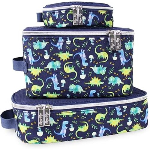 Itzy Ritzy Packing Cubes For Travel – Set of 3 Packing Cubes or Travel Organizers; Each Travel Cube Features a Mesh Top, Double Zippers and a Fabric Handle (Blue Dinosaurs)