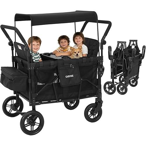 Garvee 4 Seater Stroller Wagon, Premium Quad Stroller Wagon for 4 Kids, Adjustable Push/Pull Handles, All-Terrain Casters, Removable Canopy & Flat Fold, Black