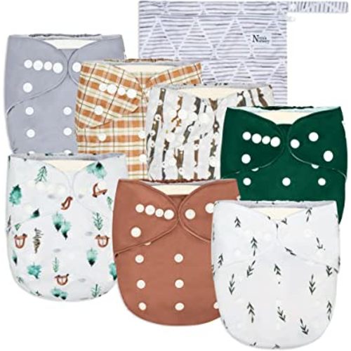 Nora's Nursery Cloth Diapers 7 Pack with 7 Bamboo Inserts & 1 Wet Bag - Waterproof Cover, Washable, Reusable & One Size Adjustable Pocket Diapers for Newborns and Toddlers - Woodlands