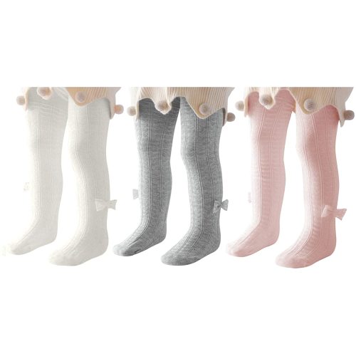 Zando Baby Girl Tights Thick Cable Knit Leggings Stockings Cotton Pantyhose for Newborn Infant Toddler White Light& Grey& Pink with Bow S