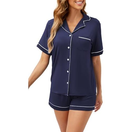 LUBOT Womens Bamboo Viscose Pajamas Set Cooling Super Soft 2 Piece PJ Set Button-Down Long Short Sleeve Sleepwear S-XXL