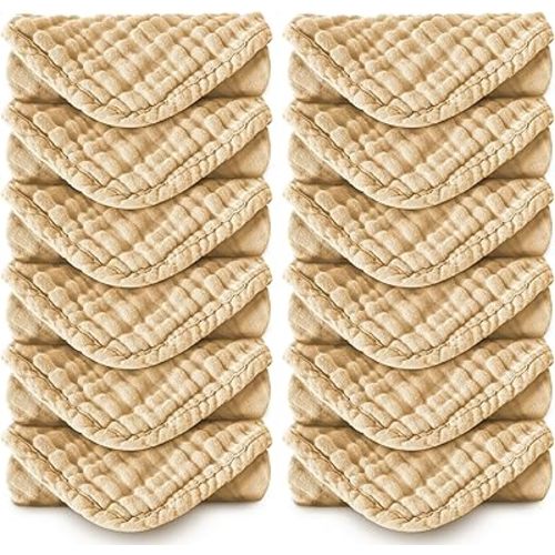 MOON PARK Baby Washcloths, 12 Pack - 12x12 Inches, Small Burp Cloths and Baby Wipes - 100% Cotton Muslin Ultra Soft for Newborn, Infant and Toddlers - Brown