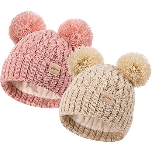 Toddler Winter Beanie Hat, Infant Winter Warm Knit Fleece Lined Cap for Girls Boys with Pom Pom for 0-3 Months 2 Packs