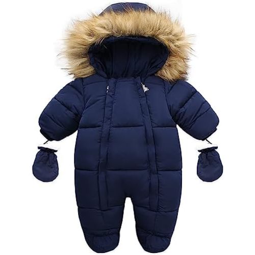 Baby Winter Snowsuit Warm Hooded Puffy Coat Jacket Footed Romper Infant Jumpsuit with Gloves for Boy Girl 6-24M