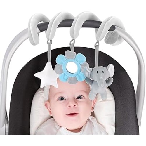 vocheer Car Seat Toys for Babies 0-6 Months Boys, Hanging Rattle Bouncer Toys for Crib Mobile, Infant Spiral Plush Stroller Toy, Grey Elephants