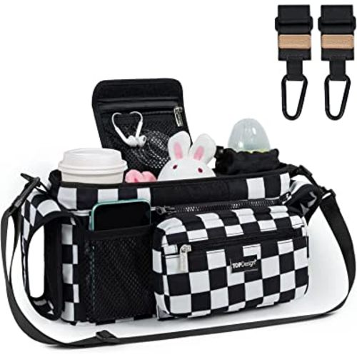 TOPDesign Universal Baby Stroller Organizer, Stroller Caddy with Heightened Insulated Cup Holders & Non-Slip Secure Hooks Accessories, Fits Most Strollers, Machine Washable (Checkerboard)