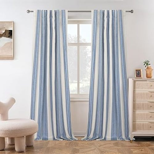 DriftAway Chris Linen Blackout Curtains with Thermal and Sound Reducing Layer 96 Inches Long for Bedroom Striped Printed Drapes Thermal Insulated Lined Window Treatment for Living Room Linen Jean Navy
