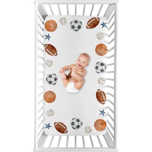 Sweet Jojo Designs Sports Theme Boy Baby Fitted Crib Sheet Photo Op Infant Newborn Nursery Toddler Bed Room Standard Mattress Watercolor Vintage Soccer Balls Football Baseball Basketball Blue Stars