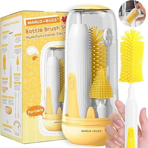 Marlo & Buzz Electric Baby Bottle Brush Cleaner Set, Rechargeable Waterproof Silicone Brushes with Large Bottle Brush, Nipple Brush, Straw Brush, Milk Stirrer, Drying Rack (Yellow)