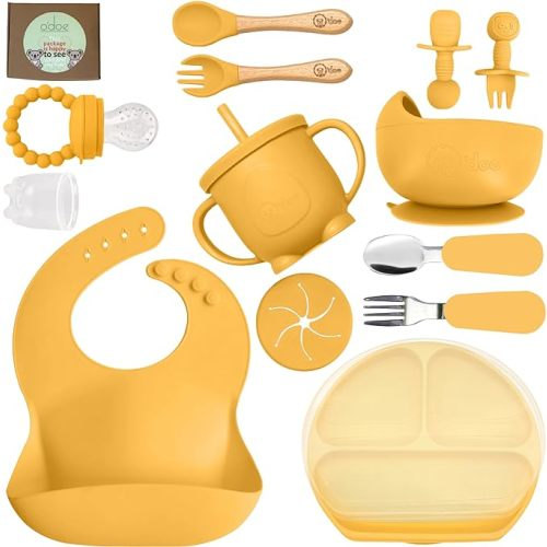 o'doe 17-Pcs Silicone Baby Feeding Set – Baby Led Weaning Supplies With Suction Plates For Toddlers, Baby Plates and Bowls Set | Yellow V2