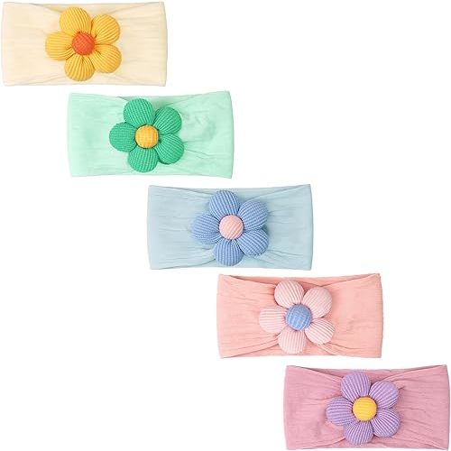CÉLLOT 5 Pcs Baby Flower Headbands Baby Girls Nylon Headbands Soft Hairbands Hair Accessories for Newborn Infant Toddler Kids(Vibrant Color-Nylon Fabric with Horizontal Stripes)
