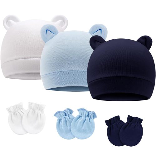 Newborn Baby Hat and Mittens Set Bear Ears Toddler Infant Beanie Caps Newborn Hospital Hat for Baby Boy Girl 0-3 Months