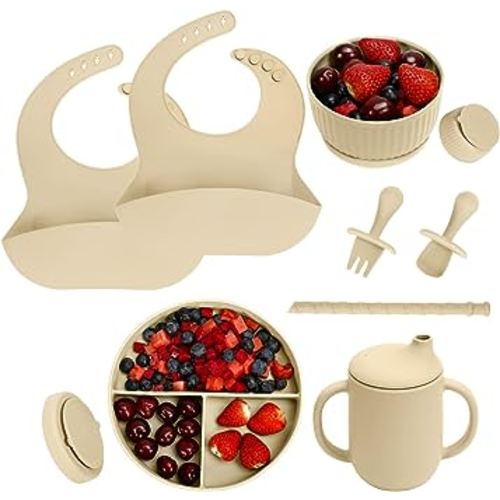 Baby Led Weaning Supplies - Silicone Baby Feeding Set - Suction Bowl Divided Plate Straw Sippy Cup - Toddler Self Feeding Eating Utensils Dishes Set with Bibs Spoon Fork - 6 Months