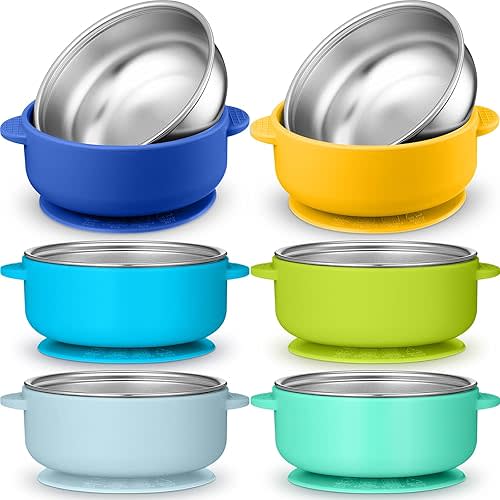 Stainless Steel Baby Bowls with Removable Silicone Shell Toddler Bowls Kids Anti Scald Snack Container for Food Feeding, Dishwasher Safe(Blue Series Color,Suction-a)