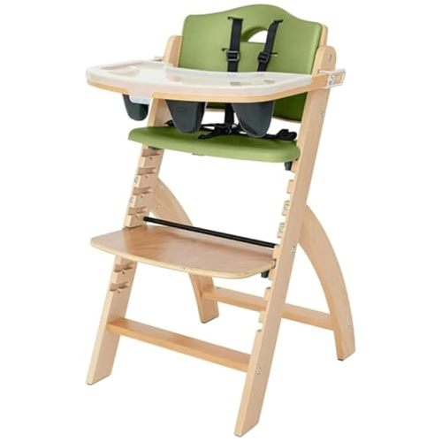 Abiie Beyond Junior Wooden High Chair with Tray - Convertible Baby Highchair - Adjustable High Chair for Babies/Toddlers/6 Months up to 250 Lbs - Stain & Water Resistant Natural Wood/Olive Cushion