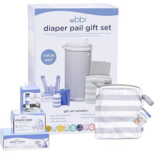 Ubbi Diaper Changing Value Gift Set, Baby Registry Gift, Includes Gray Diaper Pail, Absorbing Gels, Travel Changing Mat & Bag, Diaper Pail Waste Bags and On-the-Go Waste Sacks