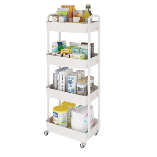 Laiensia 4-Tier Storage Cart,Multifunction Utility Rolling Cart Kitchen Storage Organizer,Mobile Shelving Unit Cart with Lockable Wheels for Bathroom,Laundry,Living Room,With Classified Stickers,White
