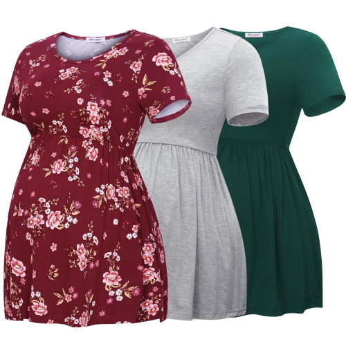 Bearsland Women's Short Sleeve Maternity Shirts Tops Pregnancy Clothes 3-Pack