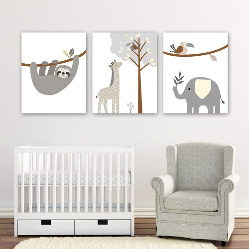Jungle Animal Nursery Prints: Sloth, Elephant, Giraffe - Set of 3