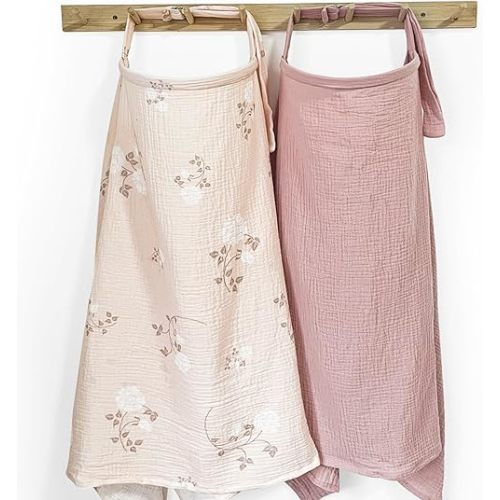 Muslin Breast Feeding Cover for Mom, Privacy Breathable Nursing Cover with Arch Neckline, 100% Cotton Nursing Apron, Floral and Pink