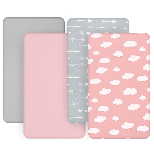 4-Pack Fitted Crib Sheets for Boys and Girls - Breathable, Soft Microfiber Baby Sheets in Grey and Pink