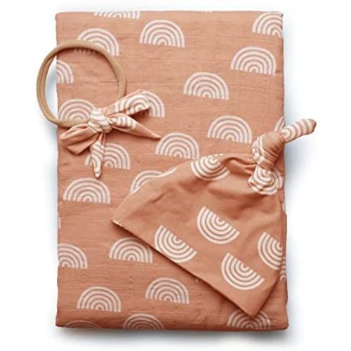 100% Organic Cotton Muslin Baby Swaddle Blanket Set | Caramel Rainbow| Newborn Girl Unisex Neutral| Boho Vintage Rainbow Baby| Matching Hat Bow |
