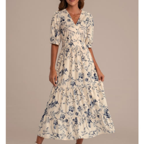 Floral Half Sleeve V Neck Maxi Dress - Petallush