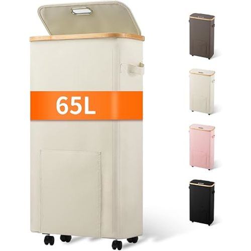 Slim Laundry Basket with Wheels, Tall Dirty Clothes Hamper on Wheels, Narrow Rolling Laundry Hamper with lid for Dorm, Bedroom and Bathroom, 65L Beige