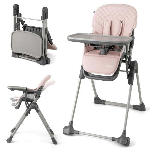 INFANS Baby High Chair, Convertible Quick Folding Portable Highchair for Babies and Toddlers with Adjustable Height Backrest Footrest 2 Wheels Removable Tray, Easy to Clean PU Seat