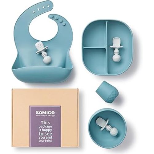 SAMiGO Silicone Baby Feeding Set, Baby Led Weaning Supplies, Suction Bowl Plate Bib Cup Self Feeding Spoons, Solid Food Eating Essentials, First Stage Utensils, 6+ Months