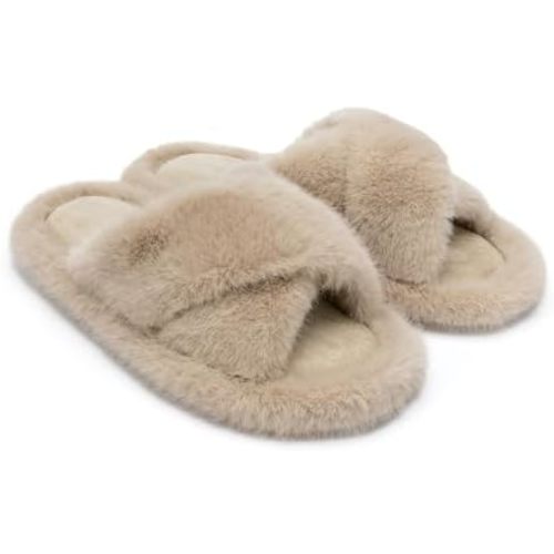Chantomoo Women's Slippers Cross Band Fuzzy Slippers Memory Foam Slippers for Women Plush Comfy Bedroom Faux Fur Slipper Slides House Shoes Anti-Skid Sole Trendy Gift Slippers