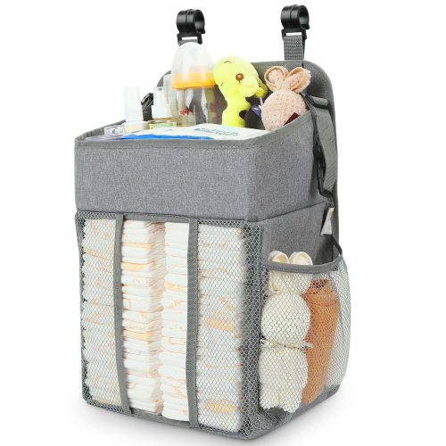 Changing Table Diaper Organizer - Baby Hanging Diaper Stacker Nursery Caddy Organizer for Cribs Playyard Baby Essentials Storage (Gray)