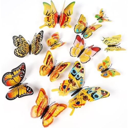 24 Pcs Gold Butterfly Wall Decor,Multiple Styles 4 Sizes 3D Butterflies Magnets Stickers for Birthday Party Classroom and Room Locker Cake Art Colorful Theme Decor