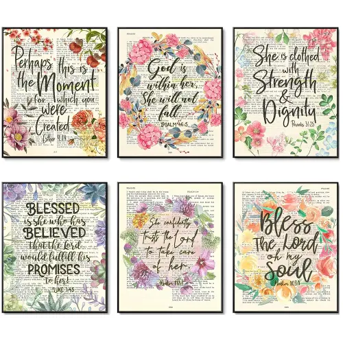 She Set of 6 - Proverbs 31:25, Esther 4:14, Psalm 46:5, Psalm 103.1, Luke 1:45, Psalm 112:7 Vintage Christian Bible Verse Page Art Prints, Unframed, Wall Art Decor Posters, 8x10 Inches