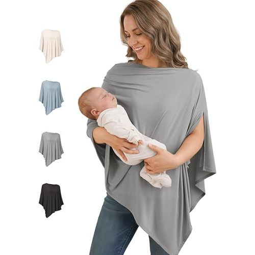 Konssy Rayon Made from Bamboo Nursing Cover for Breastfeeding, Buttery-Soft 360° Full Privacy Nursing Poncho, Breathable Stretchy Breastfeeding Cover, Multi-Use Car Seat Canopy (Grey)