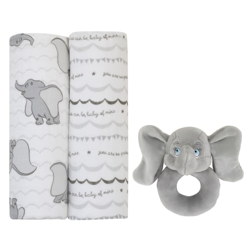 Disney Dumbo White and Grey 2Pk Muslin Swaddles with Plush Rattle