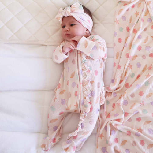 Saltwater Shells Bamboo Waffle Ruffle Zipper Footie