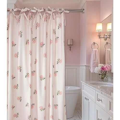 Girly Pink Floral Shower Curtain Hookless Flower Rose Shower Curtain Linen-Cotton Blend 72x72 Inches for Bathroom Bedroom
